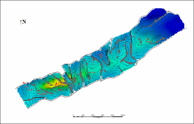 Mapa isopaco-estructural yacimiento LJA.